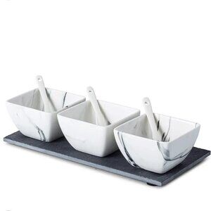 Entertaining Stuff Marble Porcelain Dip Bowl Set (3 Bowls, Tray, 3 Spoons)